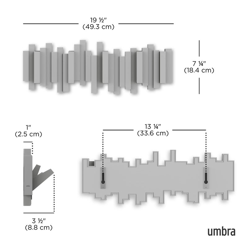 Umbra Sticks Wall-Mounted Coat Rack Rail Hook with 5 Retractable Pegs â€“ Modern, Space-Saving Storage Organizer, Grey - Image 3